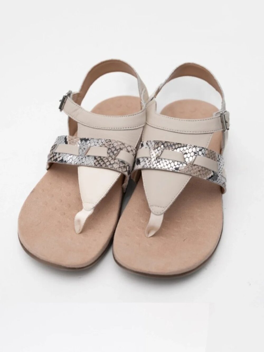 Vionic Lupe Boa Snake Print Leather Thong Sandals Beige Comfort Size 6.5